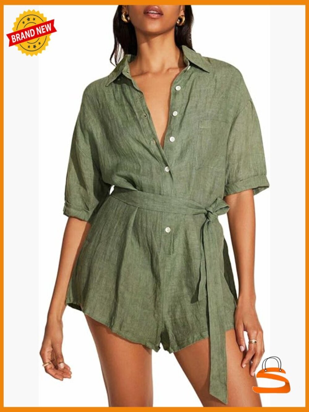 Linen Short Romper Swimsuit Cover Up Drawstring Tie